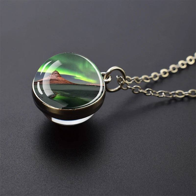 Aurora Borealis Necklaces Polar Light Life Tree Two Sided Pattern Glass Ball Pendant Chains Necklace for Women Men Jewelry Gift