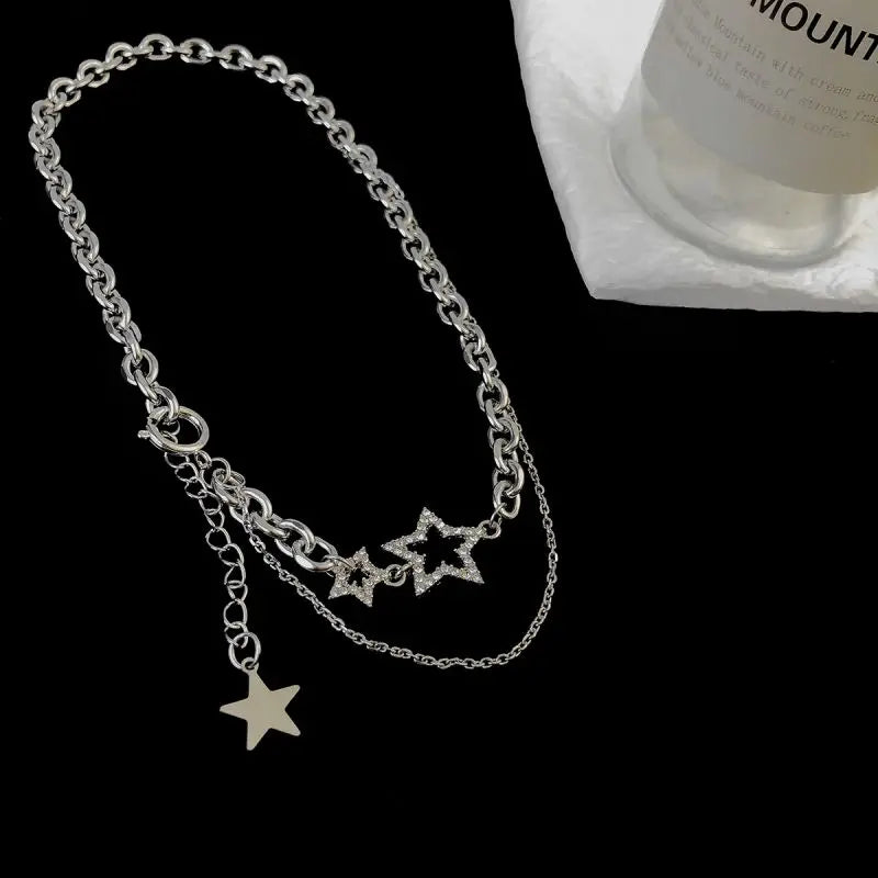 Silver Color Double-layer Star Choker Necklace Personalized Inlaid Rhinestone Hollow Clavicle Chain Necklaces For Women Men