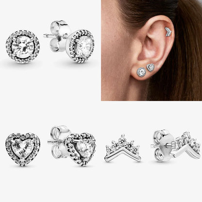 Original 925 Sterling Silver Earrings plata de ley Sparkling Love Heart Ear Studs Earrings for Women Jewelry Gifts