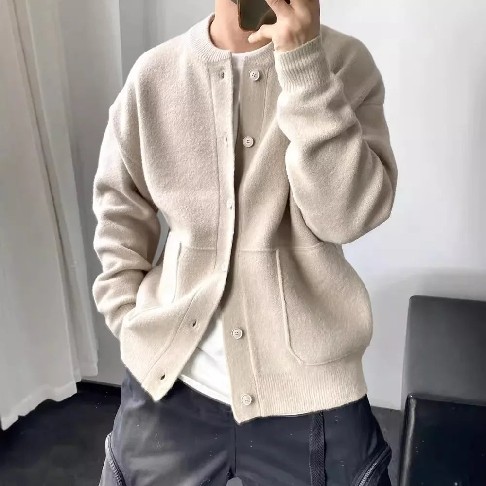 Japanese Style Men's Cardigan Sweater Knitted Top Round Neck Jacket Simple Loose-fit Thickened Casual Pullover Sweater Jacket