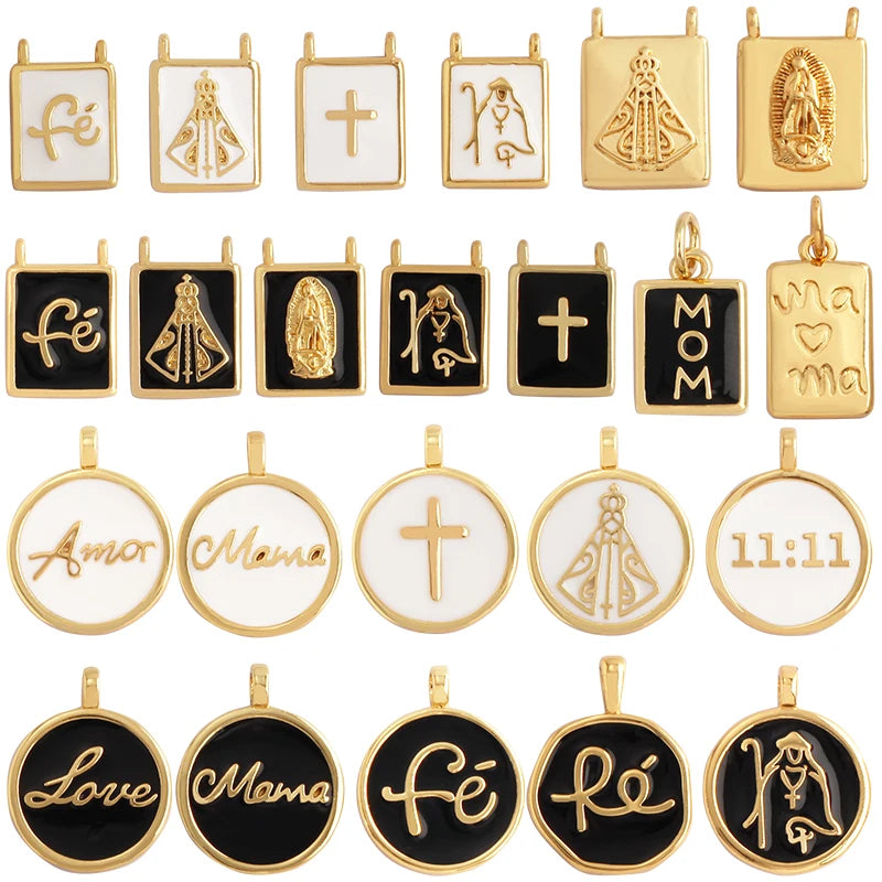 Twin Two Hole LOVE Mama Cross Religious Charm Pendant,Round Rectangle DIY Jewelry Accessories  for Necklaces Making M15