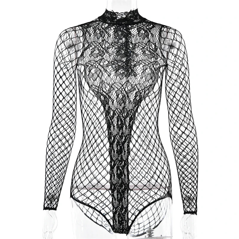 Women's Mesh Lingerie Rhinestone Body Long Sleeve Mesh Bodystockings Sexy Lingerie Black Sparkling Backless Bodycon Bodysuits