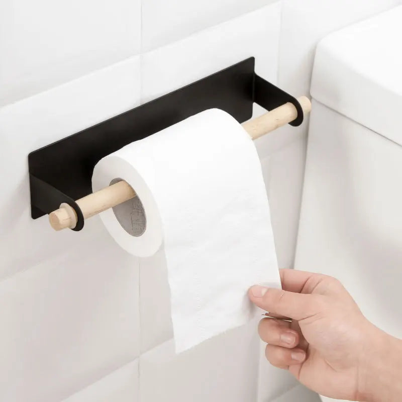 Bathroom Accoessories Wood Towel Storage Rack Bar Kitchen Adhesive Roll  Paper Holder Cabinet Cling Film Rag Hanging Holder