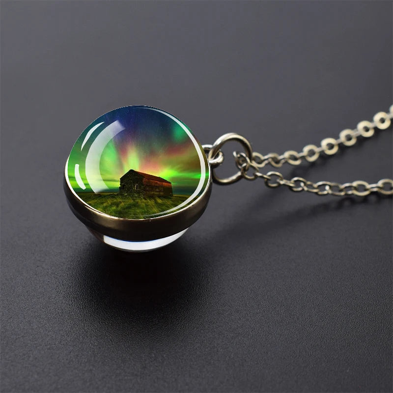 Aurora Borealis Necklaces Polar Light Life Tree Two Sided Pattern Glass Ball Pendant Chains Necklace for Women Men Jewelry Gift