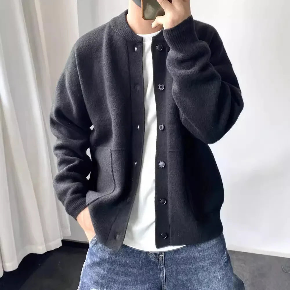 Japanese Style Men's Cardigan Sweater Knitted Top Round Neck Jacket Simple Loose-fit Thickened Casual Pullover Sweater Jacket