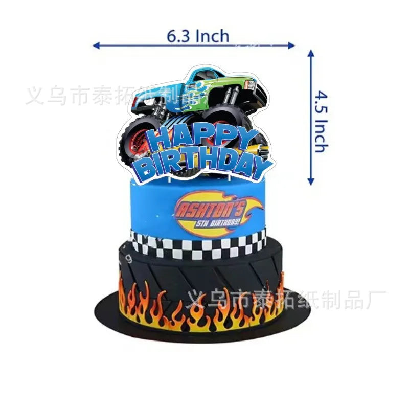 Monster Truck Happy Birthday Cake Topper Racing Car Black And White Checkered Flag Cake Decor Monster Truck Party Supplies