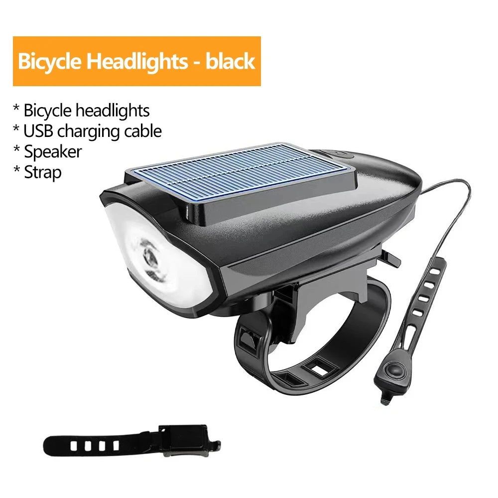 Solar Bicycle Light with Horn LED Bike Front Lamp Headlight for Bicycle MTB Mountain Road Bike Electric Bell Cycling Accessories