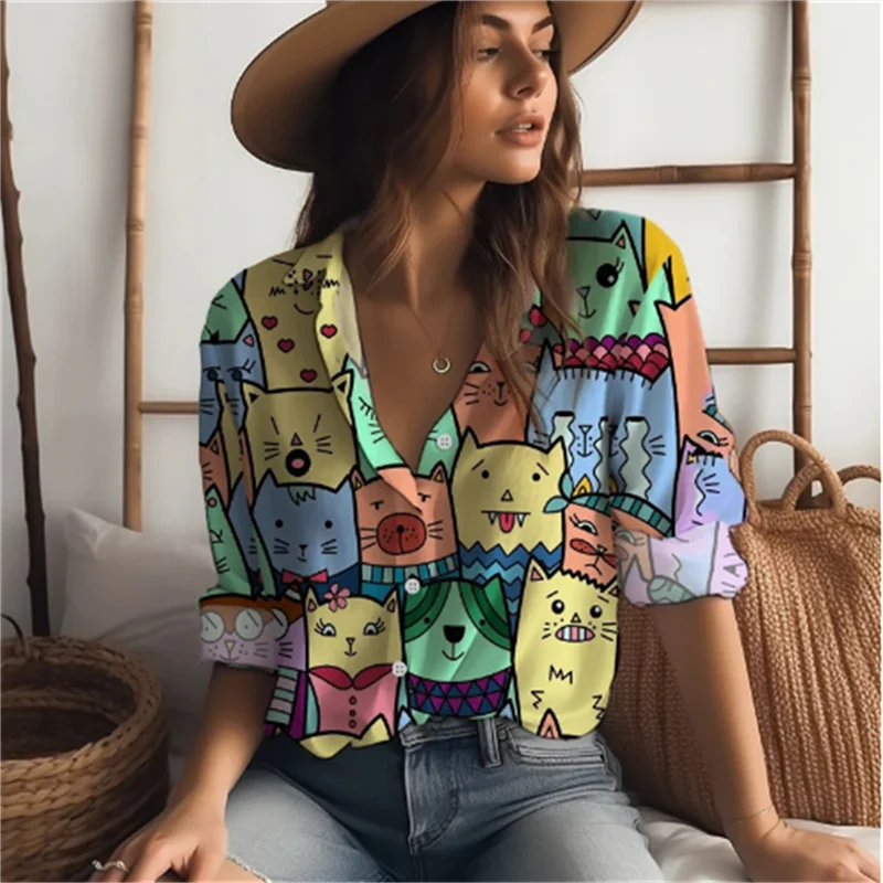 2024 new women's shirts many cats 3D digital printing four-sided stretch fabric fashion trend women's tops shirts