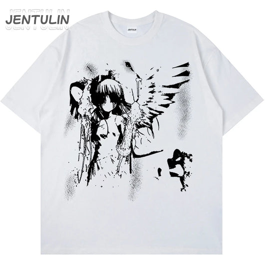 Harajuku Goth Men Japanese Anime Tshirt Cartoon Angel Wings Graphic T-Shirt 2024 Hipster Clothing Cotton Y2K Tops Streetwear Tee