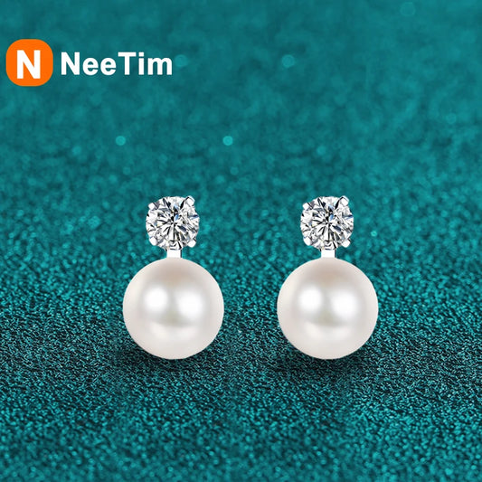 NeeTim 0.1ct 0.3ct Moissanite Pearl Earrings Women S925 Sterling Silver with White Gold Plated Wedding Party Designer Earring