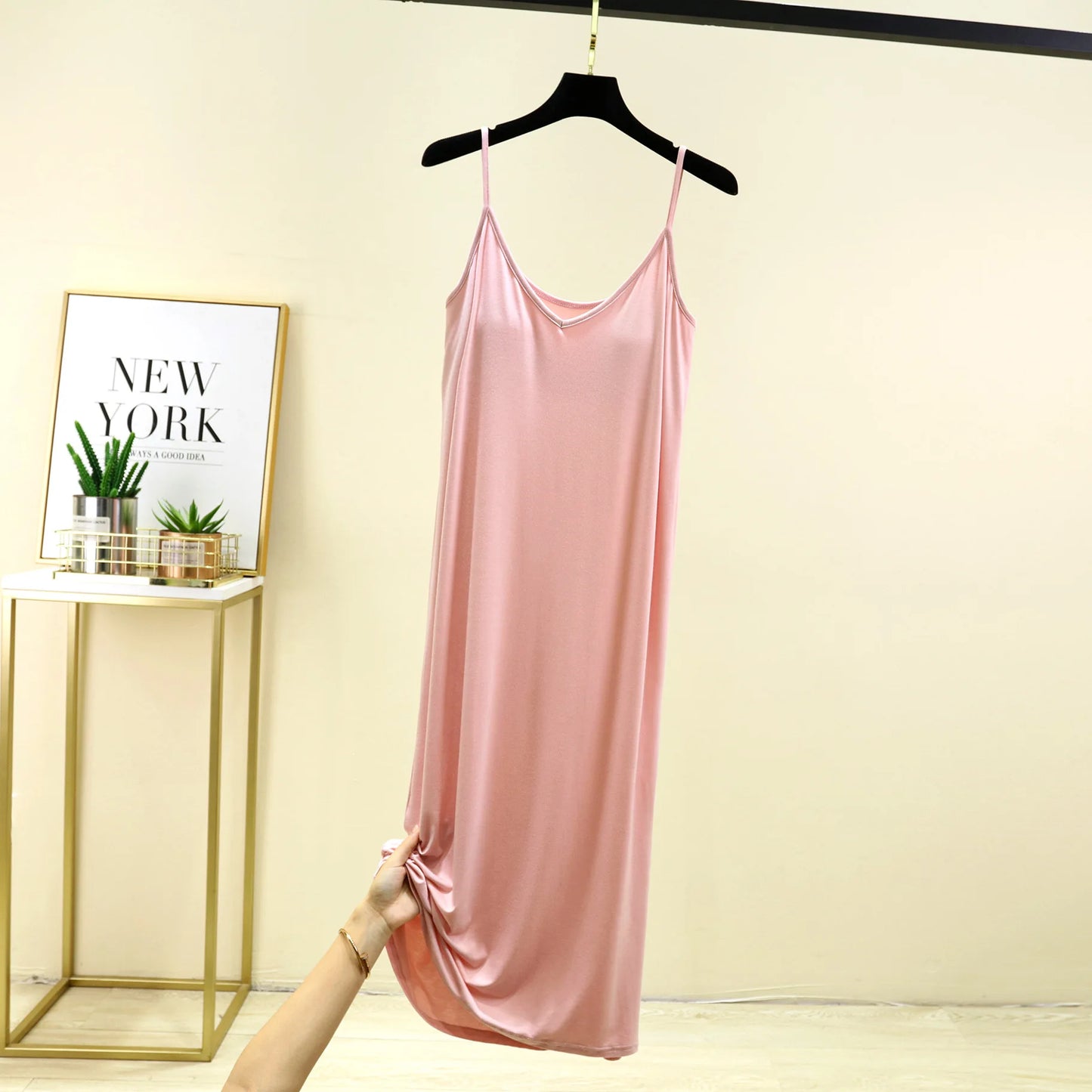 V-Neck Spaghetti Strap Dress Bra Padded Summer women's slipdress Solid color Camisole Homewear dresses Comfortable Sleepdress