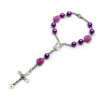 QIGO Glass Pearl Rosary Bracelets Resin Rose Flower Cross Religous Jewelry