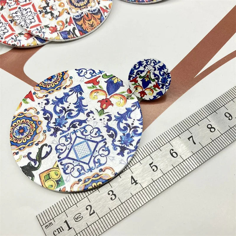 Italian Church Ceramic Pattern Large Round Earrings Wood Cotton Hemp Drop Earrings for Women Vintage Bohemian Jewelry Gift