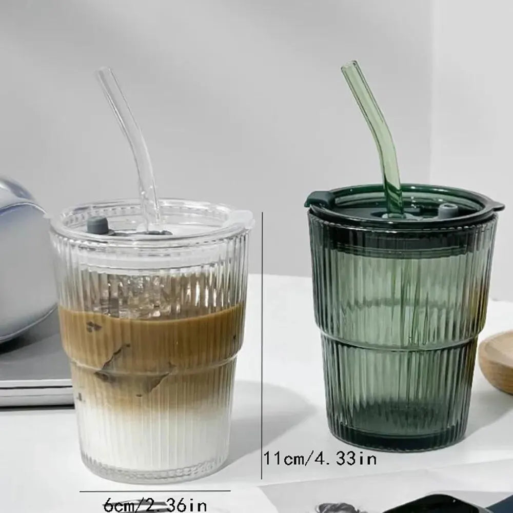 Glass Coffee Cups with Lids and Straw, Drinking Water Cup, Glass Cups with Lid