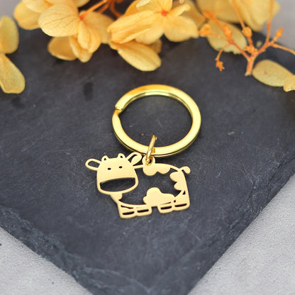 QIMING Cute Animal Cow Keychains Women Stainless Steel Jewelry Lovely Key Rings Men Party Gift