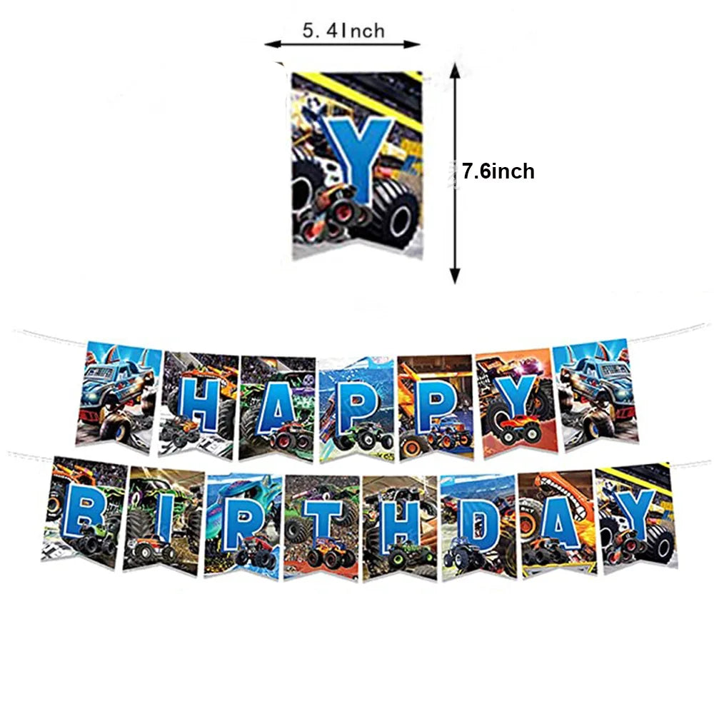 Monster Truck Happy Birthday Cake Topper Racing Car Black And White Checkered Flag Cake Decor Monster Truck Party Supplies