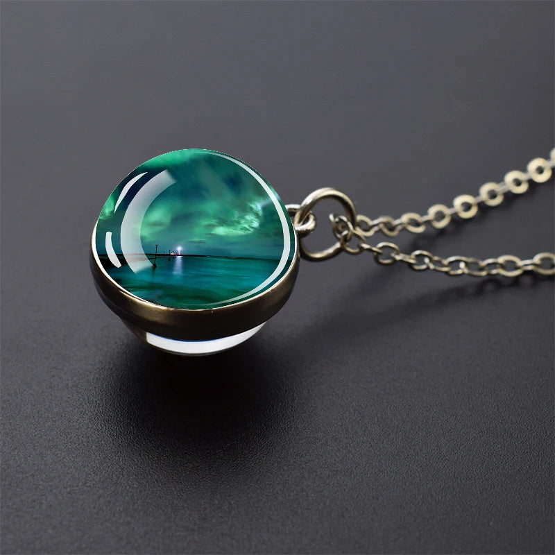 Aurora Borealis Necklaces Polar Light Life Tree Two Sided Pattern Glass Ball Pendant Chains Necklace for Women Men Jewelry Gift