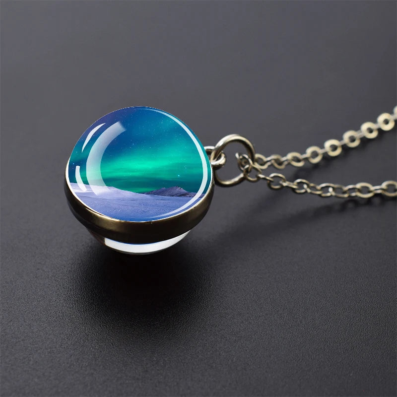 Aurora Borealis Necklaces Polar Light Life Tree Two Sided Pattern Glass Ball Pendant Chains Necklace for Women Men Jewelry Gift