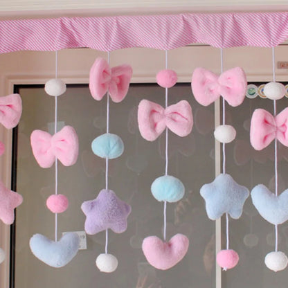 Cute Heart Stars Bow Curtains Door Curtain Short Romantic Curtains Girls Room Partiton Sweet Bead Tassel Curtain Window Valance