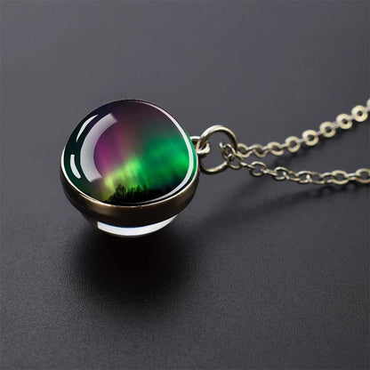 Aurora Borealis Necklaces Polar Light Life Tree Two Sided Pattern Glass Ball Pendant Chains Necklace for Women Men Jewelry Gift