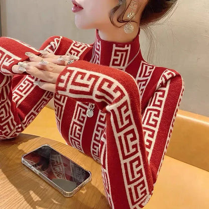 Women Clothing Slim Chic Comfortable Jacquard Knitwear Autumn Winter Slim Fashion Vintage Pullovers Elasticity Casual Sweaters