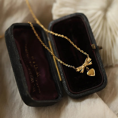 Stainless Steel Korean Sweet Heart Bow Pendant High Quality Textured Necklace Waterproof Trendy Jewelry