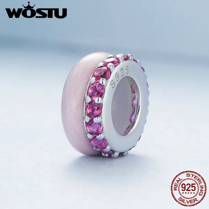 WOSTU 925 Sterling Silver Blue Pink Purple silica Spacer Bead Candy Charms With Shiny Zircon Fit Original Bracelet DIY Necklace