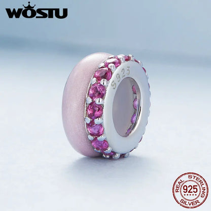 WOSTU 925 Sterling Silver Blue Pink Purple silica Spacer Bead Candy Charms With Shiny Zircon Fit Original Bracelet DIY Necklace