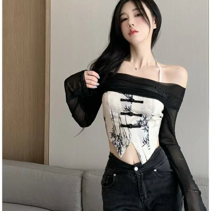 Women Sets Long Sleeve Shawl Floral Camis Halter Vintage Chinese Style Cropped Tops Graceful High Street All-match Y2k Clothes