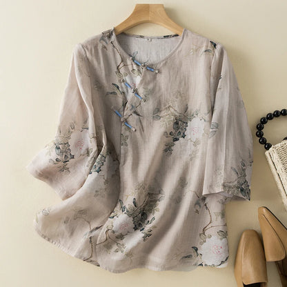 Chinese Style Women's Blouses Summer O-Neck Clothing New Short Sleeves Tops Vintage Loose Cotton Linen Prints Shirts