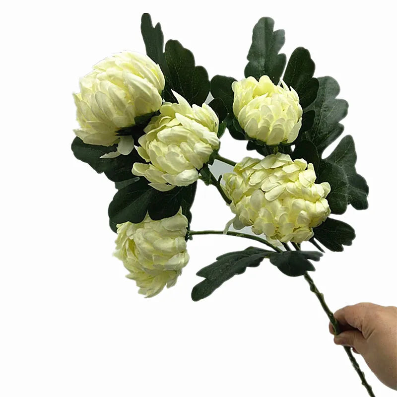 One Artificial Chrysanthemum 5 Heads Yellow Orange White Silk Pineapple Chrysanthemum Flower