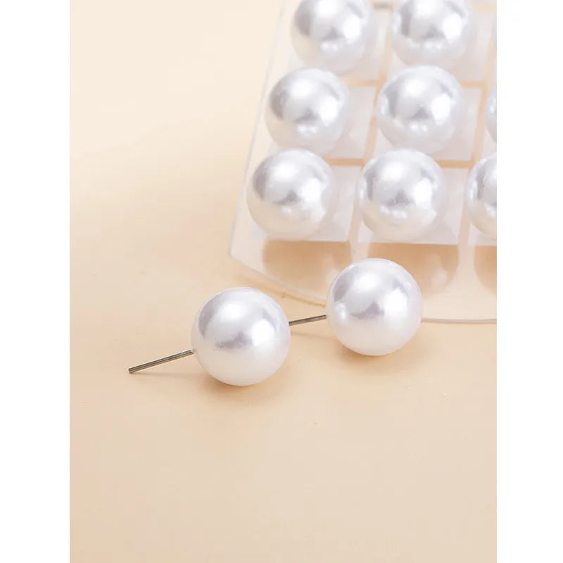 12 Pairs White Round Imitation Pearl Stud Earrings Set Fashion Alloy Earrings Bar Girls Jewelry Earrings Gifts 16mm