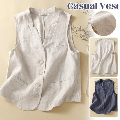 Women's Summer Cotton Linen Vest Casual Loose V-neck Sleeveless Jacket Coat Korean Style Fashion Elegant Casual Vest Top M-2XL