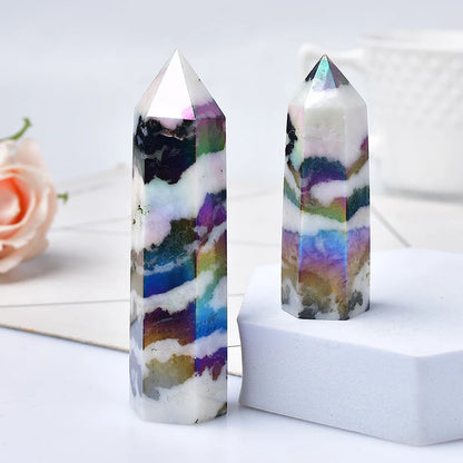 Natural Aura Stone Crystal Point Healing Obelisk Black and White Zebra Quartz Wand Beautiful Ornament for Home Decor Pyramid