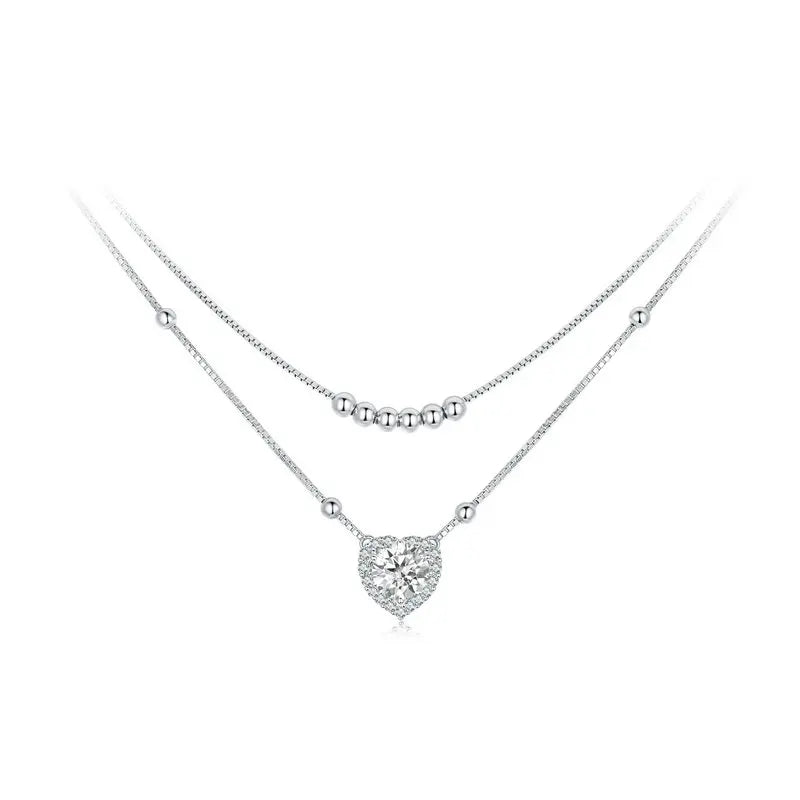 Bamoer U Double-layer 1CT Moissanite Necklace Ajusable Box Chain with Beads Heart Pendant Original For Woman Valentine Gift