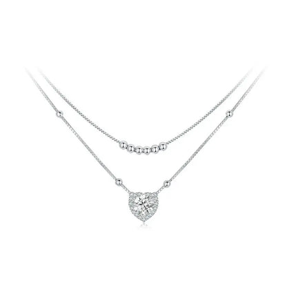 Bamoer U Double-layer 1CT Moissanite Necklace Ajusable Box Chain with Beads Heart Pendant Original For Woman Valentine Gift