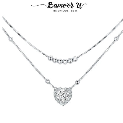 Bamoer U Double-layer 1CT Moissanite Necklace Ajusable Box Chain with Beads Heart Pendant Original For Woman Valentine Gift