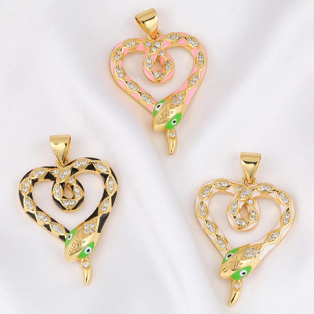 Juya DIY 18K Real Gold Plated Creative Enamel Love Heart Snake Charms For Handmade Talisman Christmas Gift Jewelry Making