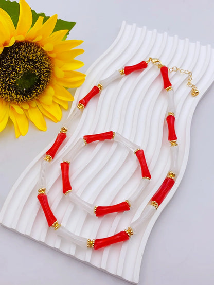 Colorful Handmade Elastic Bracelet and Necklace Set with Bamboo Acrylic Beads, Perfect for Women's Daily Wear jewelry for women