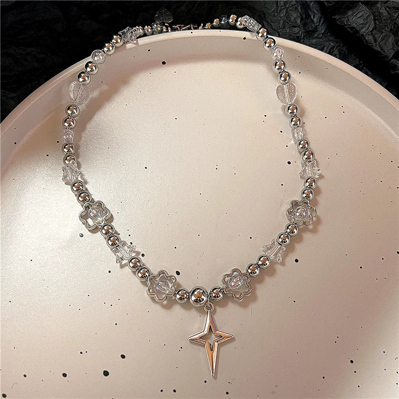 Gothic Y2k Punk Fashion Vintage Sun Star Pendant Clavicle Chain Pearl Choker Necklace For Women Men Charms Grunge EMO Jewelry