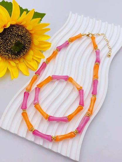 Colorful Handmade Elastic Bracelet and Necklace Set with Bamboo Acrylic Beads, Perfect for Women's Daily Wear jewelry for women