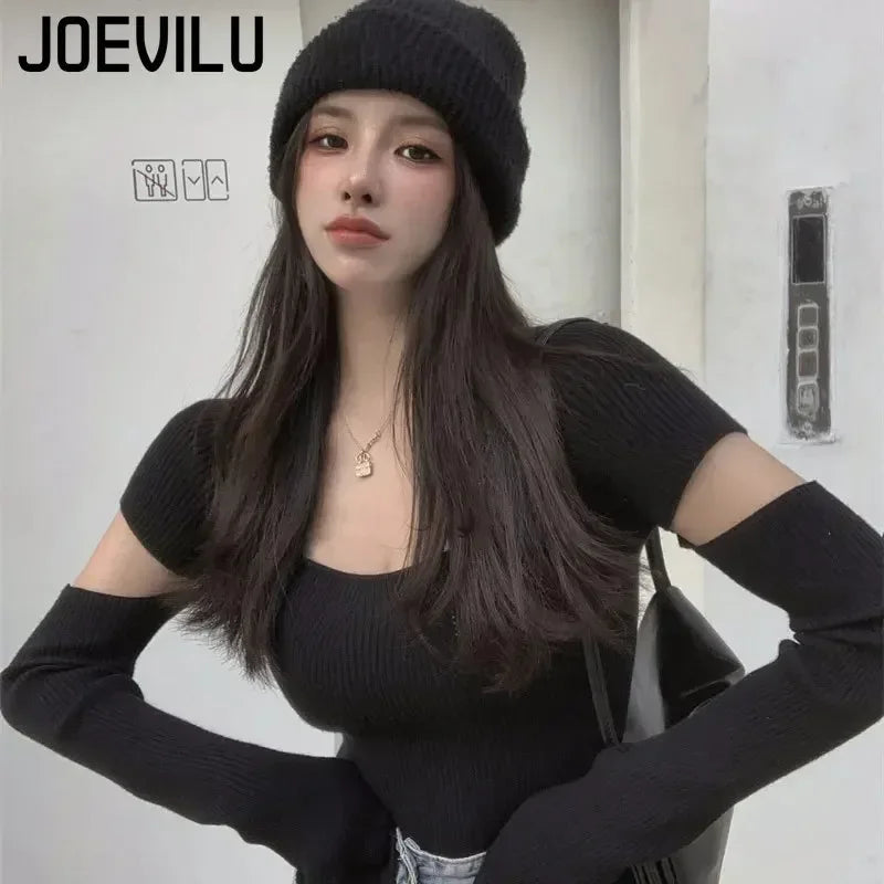 JOEVILU Skinny Pullovers Square Neckline Removable Sleeve Knitting Sweater Korean Fashion Harajuku Jumper Hollow Out Y2k Tops