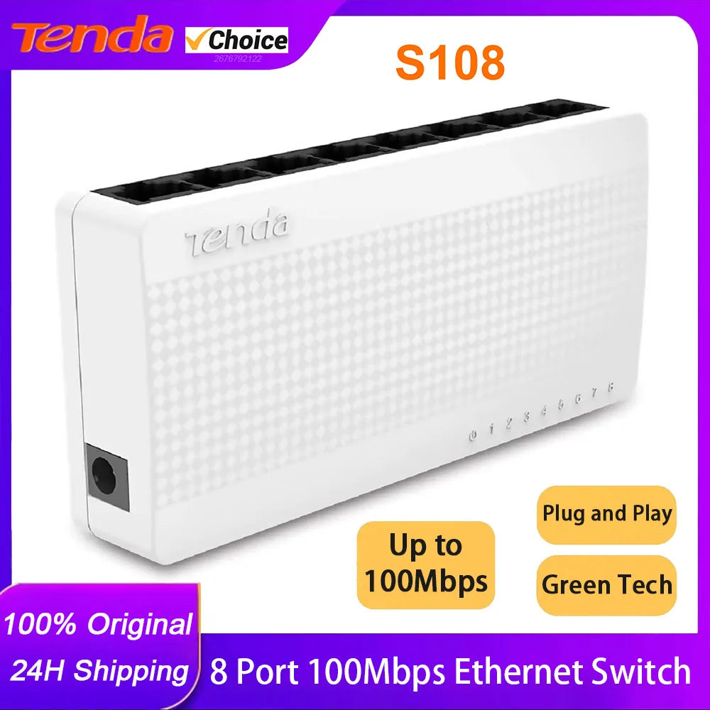 Tenda S108 Ports 10/100M High-speed Network 8-Port Ethernet Switch Desktop 100Mbps Fast Lan Hub Support MDI/MDIX Plug and Play