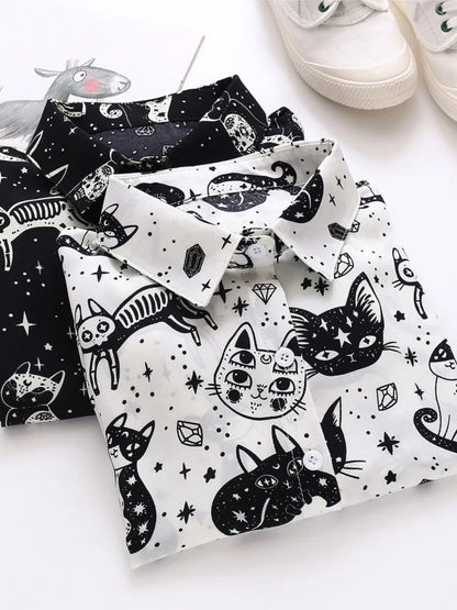 Spring Autumn Women's New Fashion Cat Printed Button Shirt Loose Design Satin Casual Collar Long Sleeve Top For Women