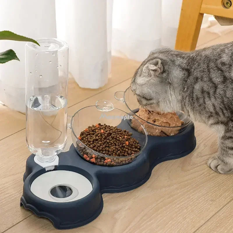 Pet Cat Bowl Automatic Feeder 3-in-1 Dog Cat Food Bowl With Water Fountain Double Bowl Drinking Raised Stand Dish Bowls For Cats