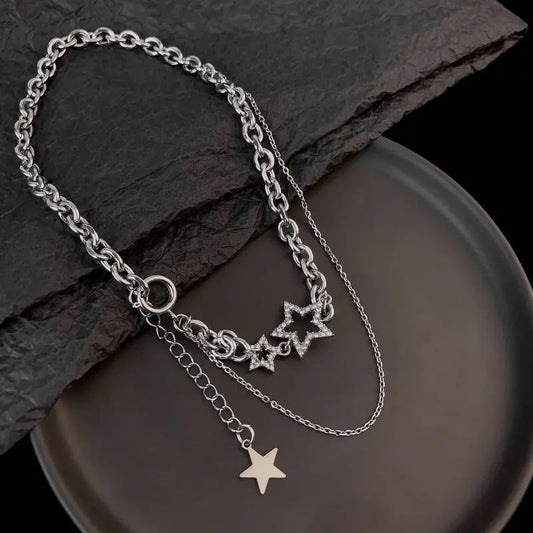 Silver Color Double-layer Star Choker Necklace Personalized Inlaid Rhinestone Hollow Clavicle Chain Necklaces For Women Men