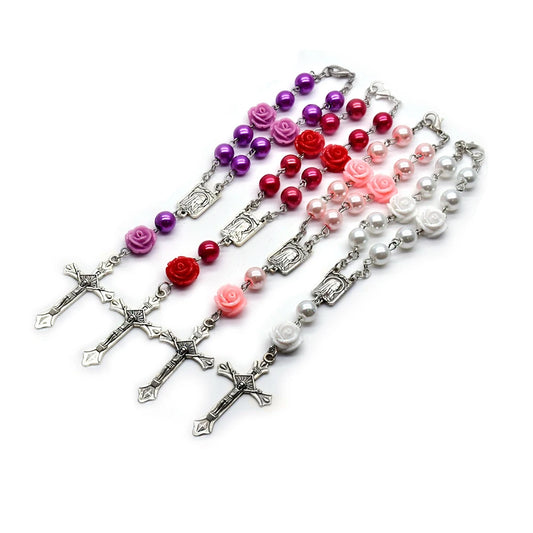 QIGO Glass Pearl Rosary Bracelets Resin Rose Flower Cross Religous Jewelry