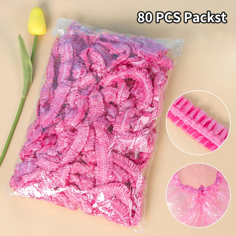 80pcs Shower Cap Head Cover Elastic Plastic Thickened Pink Round Cover Food Kitchen Bathroom Accessories Food Preservation Bag