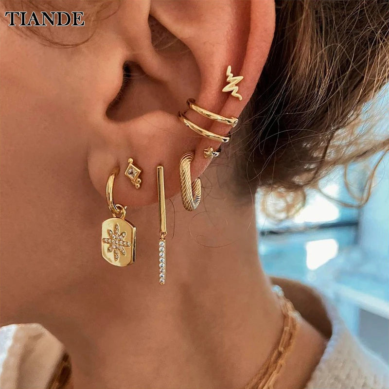 TIANDE Gold Color Earrings Set for Women Fashion Boho Zircon Ear Cuff Women's Stud Hoop Drop Earrings 2022 Jewelry Wholesale