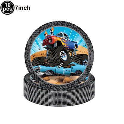 Monster Truck Happy Birthday Cake Topper Racing Car Black And White Checkered Flag Cake Decor Monster Truck Party Supplies